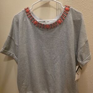 Halogen Gray Sweatshirt with Red Embellishments